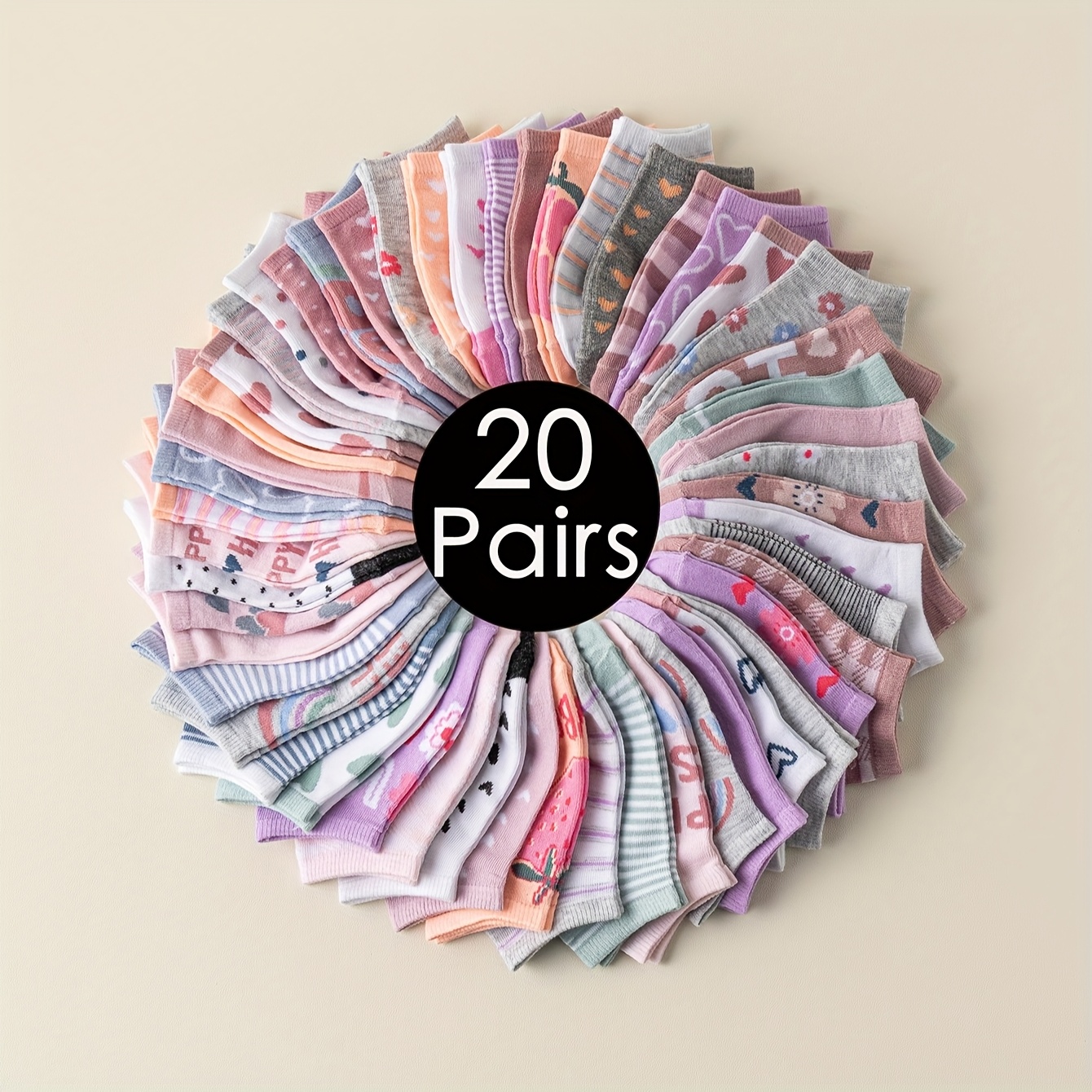 Image of Random 20 Pairs Of Colors, Fruits, Hearts, , , Stripes, Letters And Other Patterns Of Colorful Girls' Socks