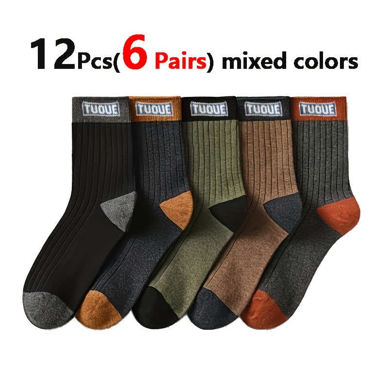 TEMU 12pcs (6 Pairs) Men's Thick Winter Ankle-length Socks, Breathable, Moisture-wicking, With Plain Letter Patterns. Suitable For For Sports And