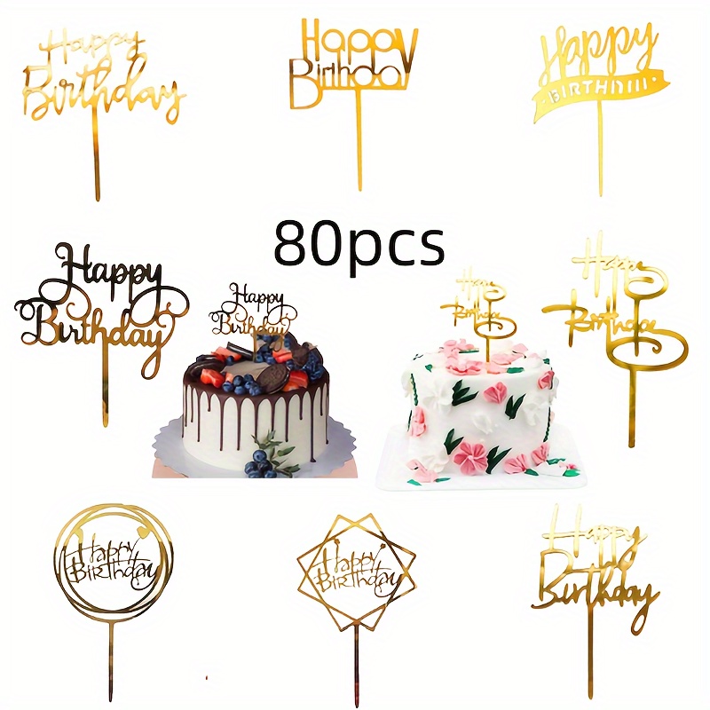 

80-piece Golden Acrylic Happy Birthday Cake Toppers Set - Plastic Cake Decorating Supplies For All - Universal Glitter Party Decor Accessories - Electricity-free Celebration