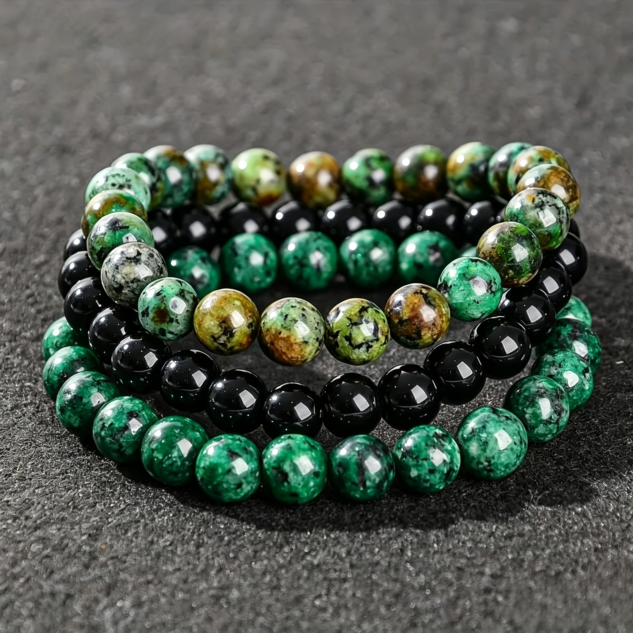TEMU 3pcs Set Natural African Turquoise Stackable Beaded Bracelet Set For Men And Women, Green Stone & Black Glossy Stone Stretch Bead Bracelets,