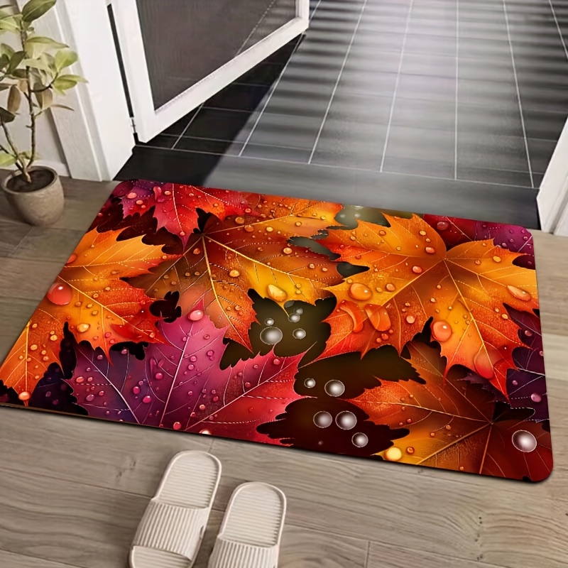 

1pc, Rustic Maple Leaves Design, 8mm Thick, Machine Washable, Rectangular, Polyester, Pvc Backed, Indoor Door Mat For Home, Kitchen, Bathroom, Living Room, Bedroom, Washable Decor Carpet