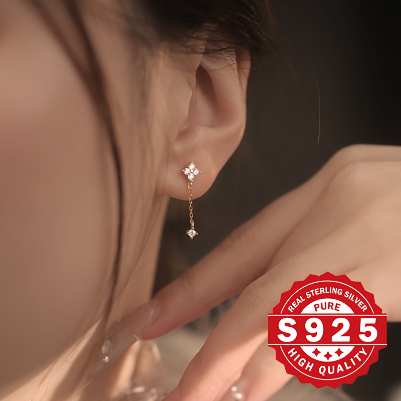 Image of A Pair Of Lady's Clover Stud Earrings, Made Of S925 Sterling Silver, Newly , Sweet And Cute, Perfect For Wearing , Hypoallergenic