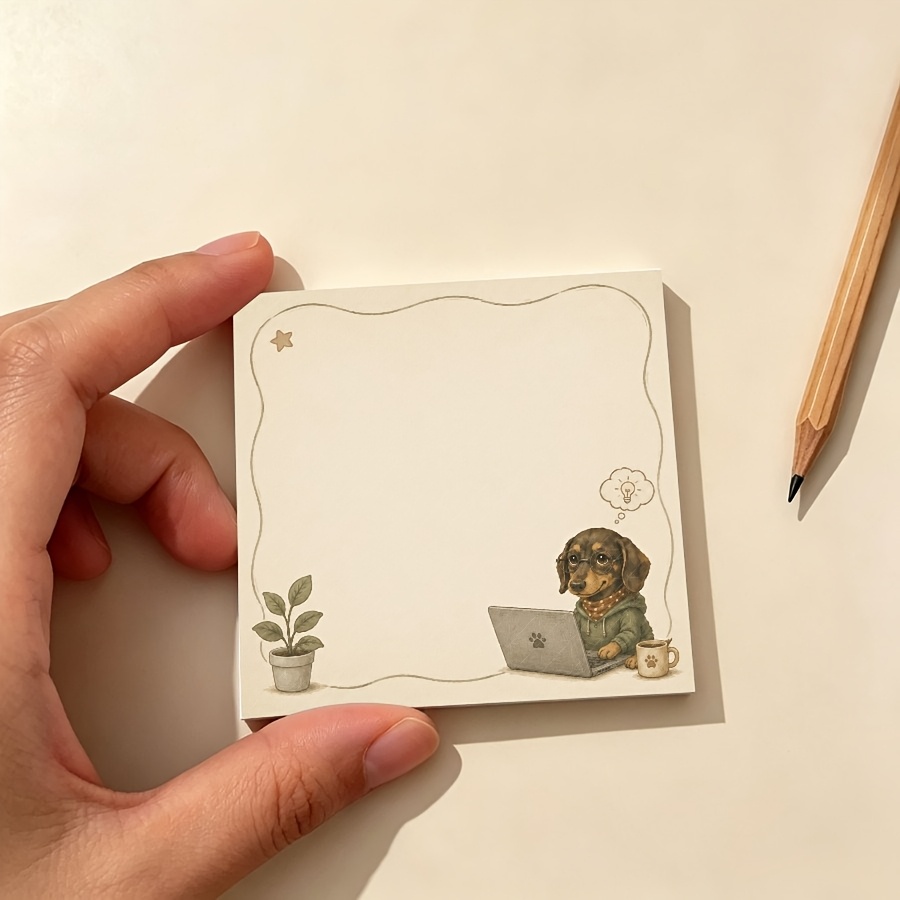 TEMU Vintage Aesthetic Dachshund Dog Memo Pad | Cozy Study & Work Desk Notepad With Laptop Illustration, Bubble , Plant & Coffee Accent | To-do List,