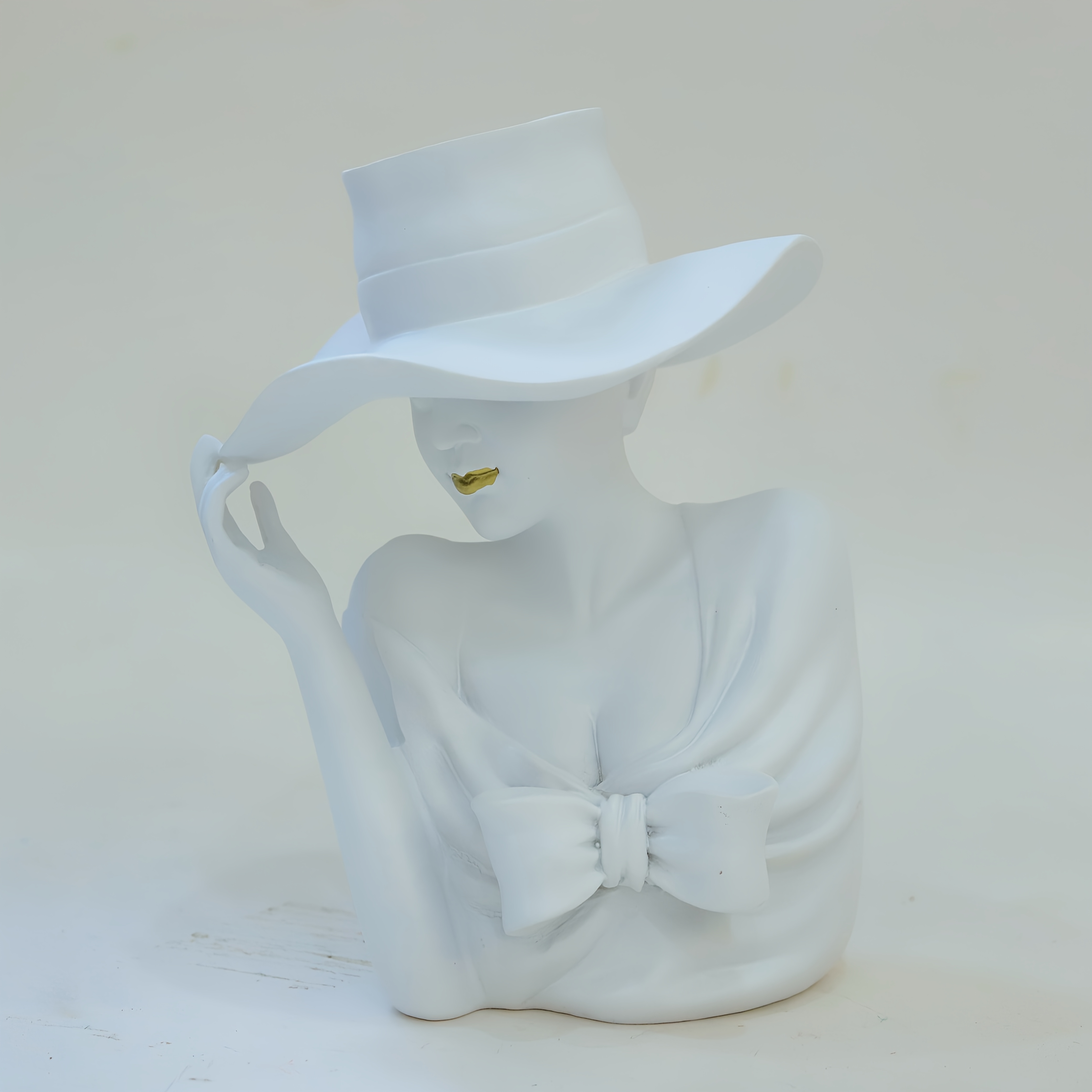 Image of Fashionable Girl Wearing Hat With Flower Pot Insert, Exquisite Design Flower Pot, Hand Carved Statue, Resin Ornament