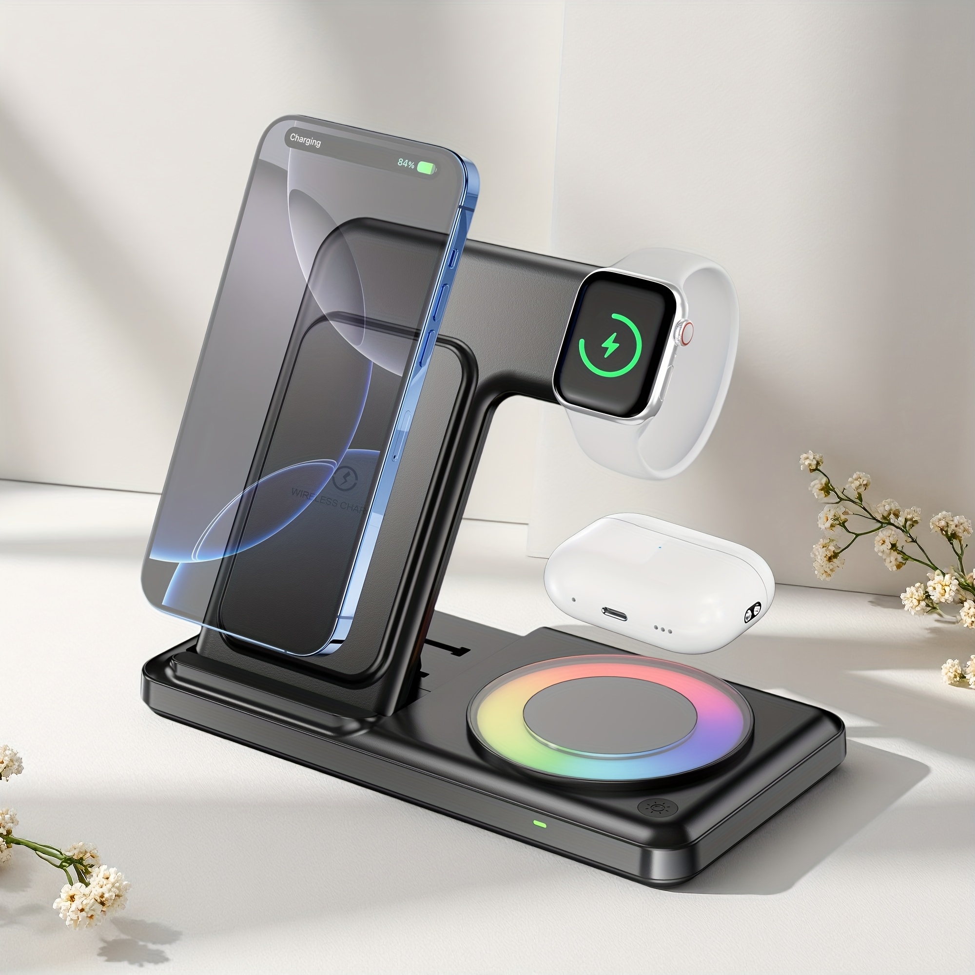 Wireless Charger With Rgb Atmosphere Light, 4in 1 Wireless Charging Station With 7 Level Switchable Night Light For Multiple Devices For Iphone, Foldable Charging Stand Dock For Iwatch And Pro/3/2