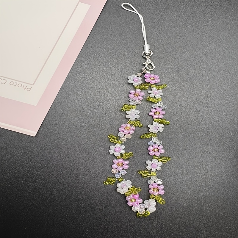 E-shop 1 Blumen-Handy-Anhängerband – Elegantes Rosa-Weißes Blumenmuster mit Grünen Blättern, Langlebiger Metallclip für Sicheren Halt, Geeignet für