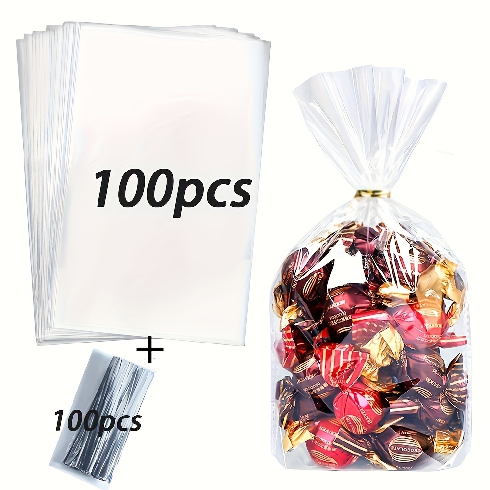 Image of 1 Set/200 Transparent Gift Bags With Twist Tie Design, Suitable For Family Parties, Holiday Giveaways, Birthday Celebrations & Present Wrapping | Clear Plastic Bag