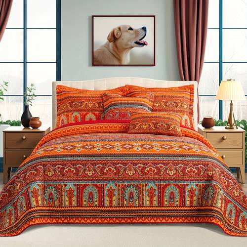 3pcs cotton bed comforter sets queen king california king oversized size orange red boho lightweight bedding bohemian quilted quilt bedding sets with 2 pillow shams for bed decor coverlet 90x98in 98x106in 118in