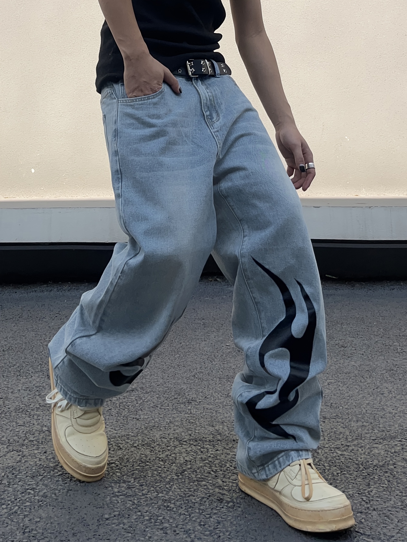 1pc men's wide leg bell bottom jeans, distressed, loose fit, denim