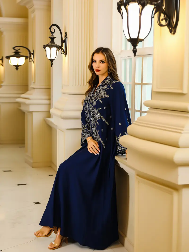 1pc elegant geometric pattern embroidered abaya dress polyester 100 long sleeve loose fit non stretch woven fabric luxury muslin ladies gown details 0