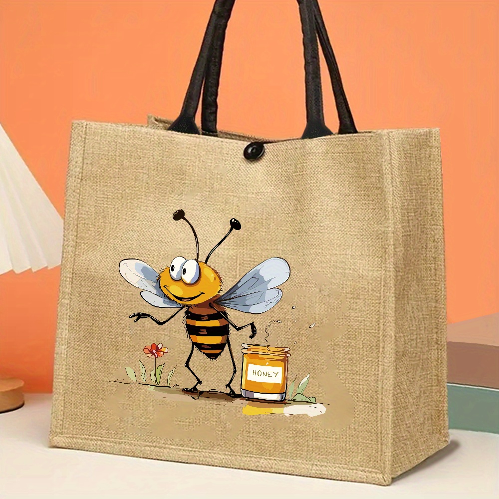 TEMU Print Jute Tote Bag - High-quality Reusable Large Capacity Grocery Bag With Whimsical Cartoon Bee & Honey Jar Design, Durable Natural Fabric For