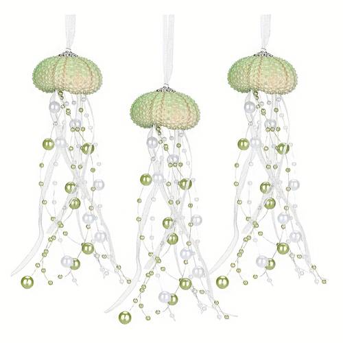 three pieces jellyfish christmas decorations coastal bead beach themed festive decor hanging jellyfish ornaments with crystals and ribbons green