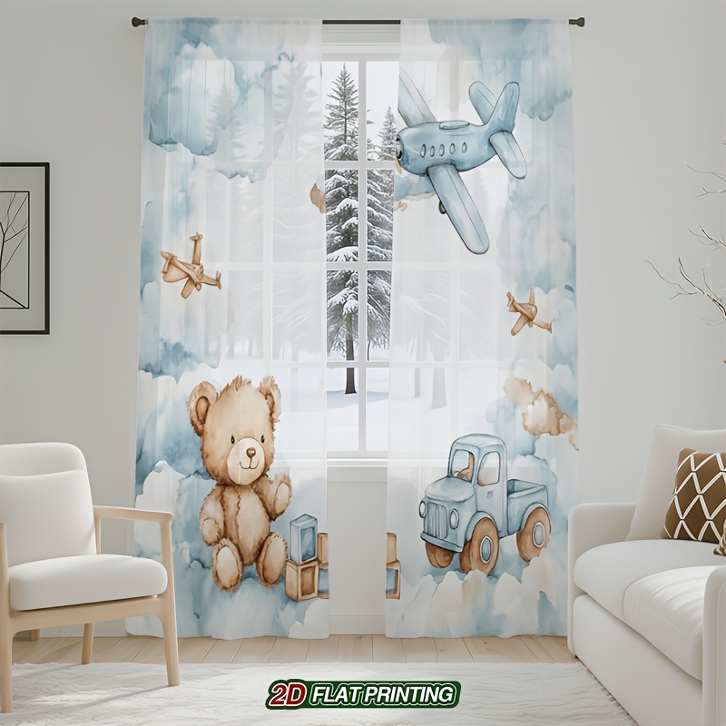TEMU 2d Flat - 2d Flat - 2pcs Curtains, 2d Hd , Semi-transparent Polyester, Watercolor Bear Airplane Car Pattern Sheer, Top Rod , No-drill