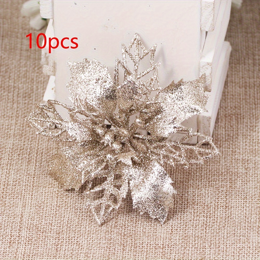 Image of 10pcs 9cm Artificial Christmas Flowers Glitter Xmas Tree Flowers Christmas Tree Ornaments For New Year Xmas Tree Wedding Decor, Halloween Decor