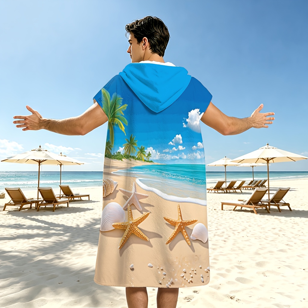TEMU 1pc Quick-dry Microfiber Beach Cape, Tropical Beach Scene Print, Printed Hooded Changing Robe, Lightweight Wearable Beach Towel For Swimming