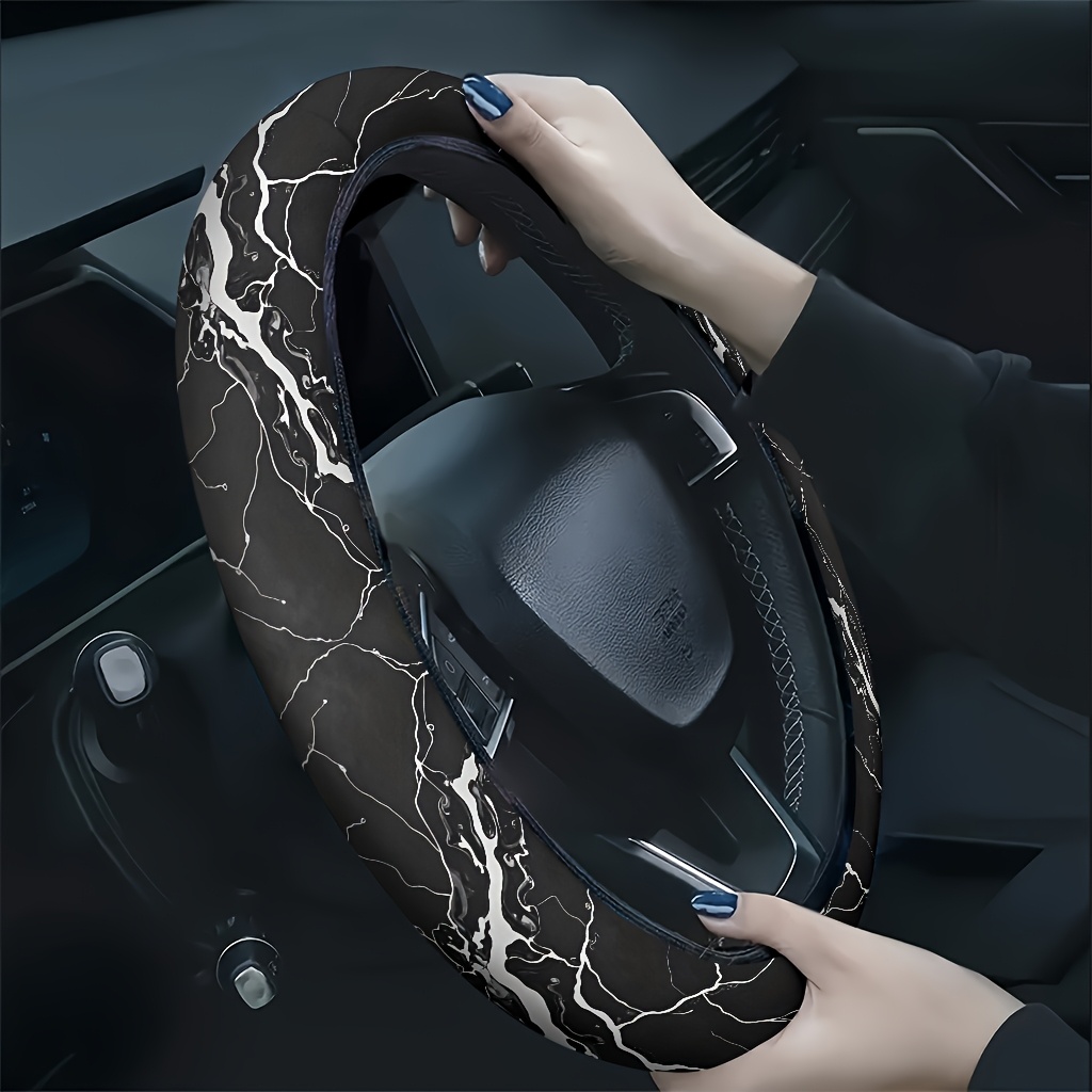TEMU 1pc Black And White Cracked Marble Texture Background Car Steering Wheel Cover, Soft And Breathable Feel, Hand Fatigue, , Fashionable Car