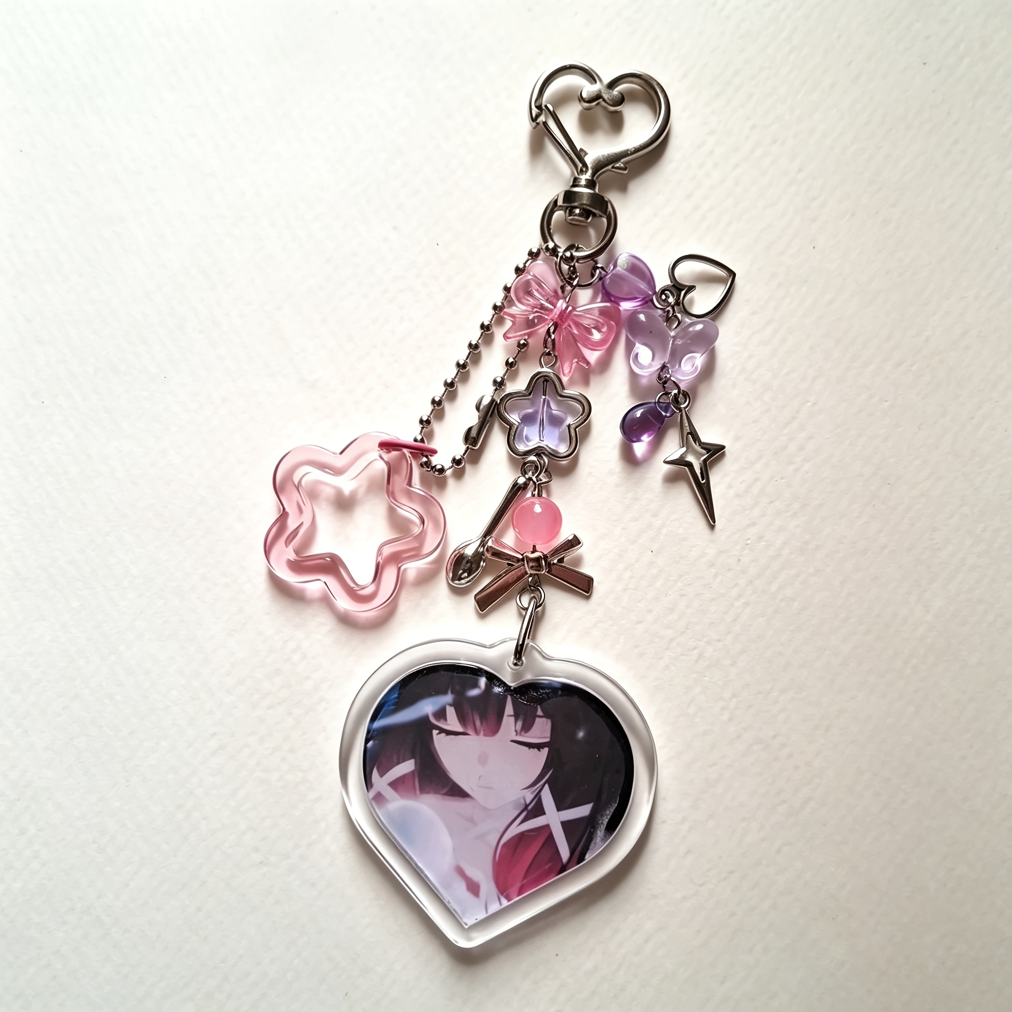 TEMU Portachiavi piatto 2D - Cuore anime 2D in acrilico, a , con perline, , stella, ciondolo per borsa