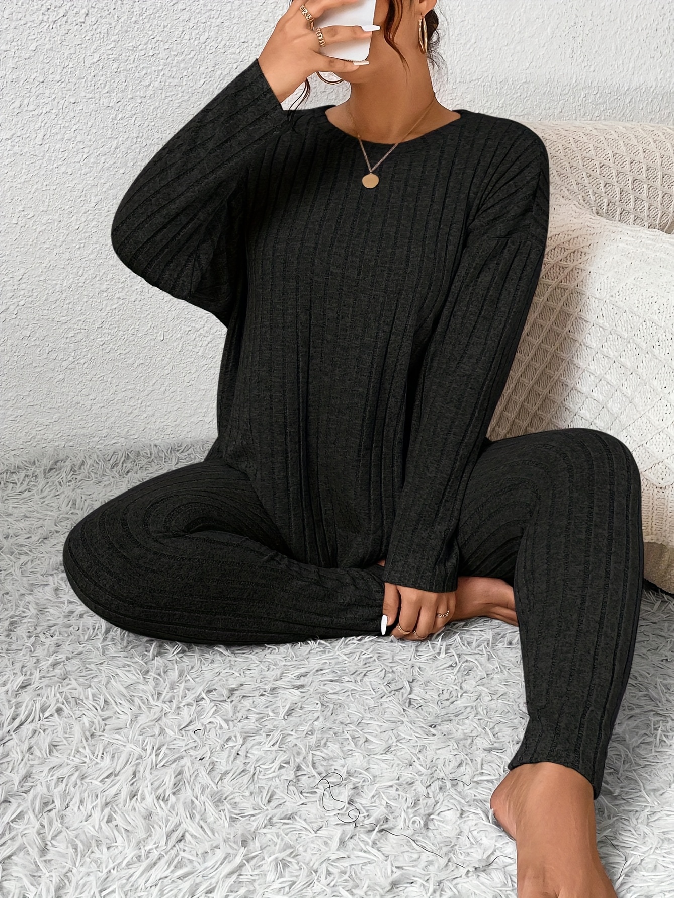 fashion womens commuter ribbed soft casual spring autumn regular long length set