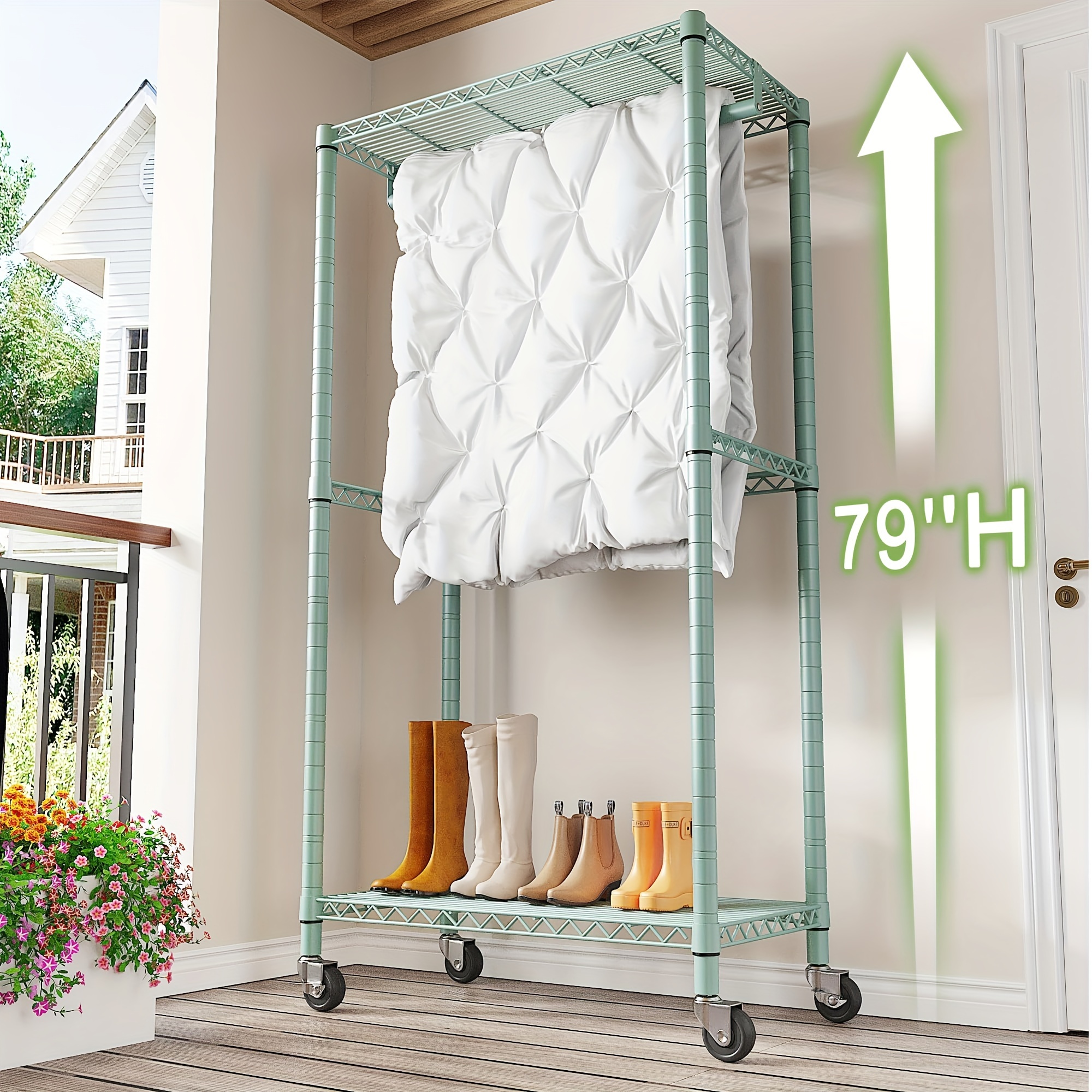 

Clothes Rack 79''h Heavy Duty Clothing Rack With Wheels Adjustable Clothing Racks For Hanging Clothes Portable Rolling Clothes Rack Metal Garment Rack 79" H X35.5 W X15.7 D, Green, Drying Racks