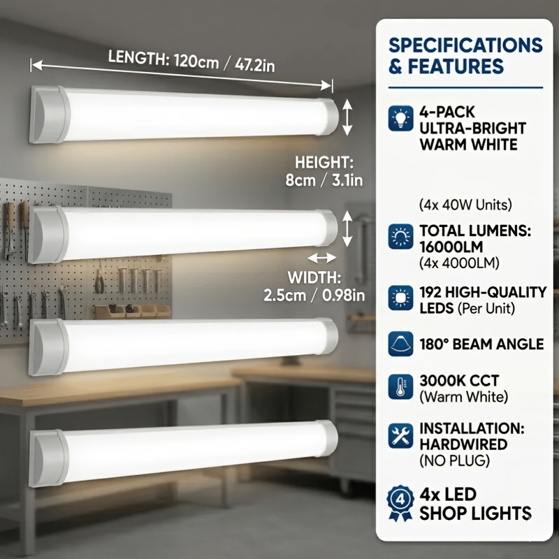 4 120 cm LED garažna luč 40W 4000LM, 3000K bela letvna luč, ultra svetla delavniška stropna svetilka za kletno delovno mizo, priključena na