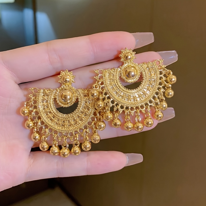 TEMU 1 Pair Bohemian Style Vintage Fan-shaped Hollow Temperament Tassel Pendant Earrings, Very Suitable For Women' All-match Wear
