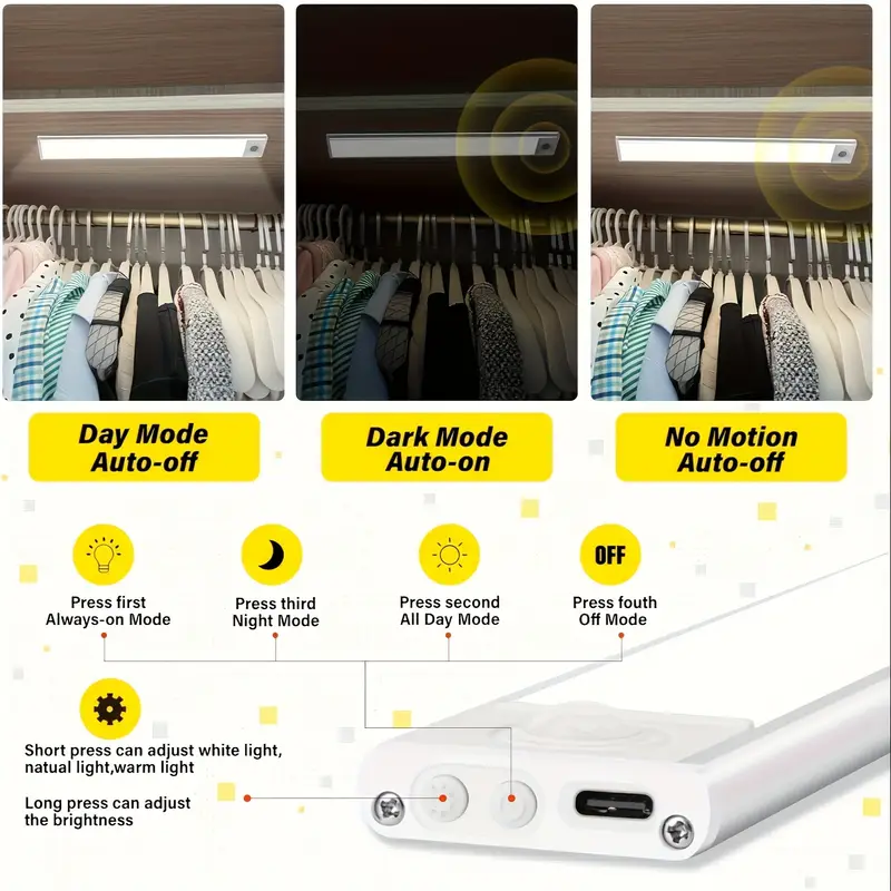 2 4pcs led motion sensor under cabinet lights 3 color temperatures wireless usb rechargeable night light indoor closet lights stick on anywhere magnetic under counter light fixtures for kitchen cabinet wardrobe cupboard stairs in 2pcs details 3
