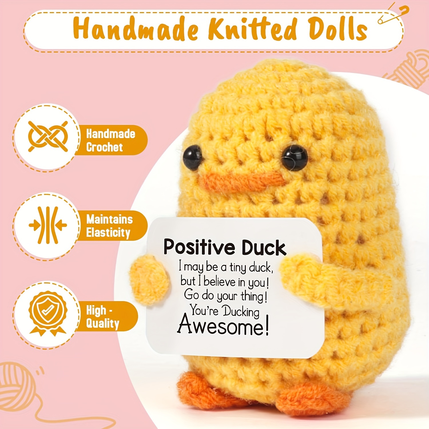 

Handcrafted 3.2" Positive Duck Crochet Toy With Inspirational Card - Perfect For Birthday Gifts & Home Office Decor