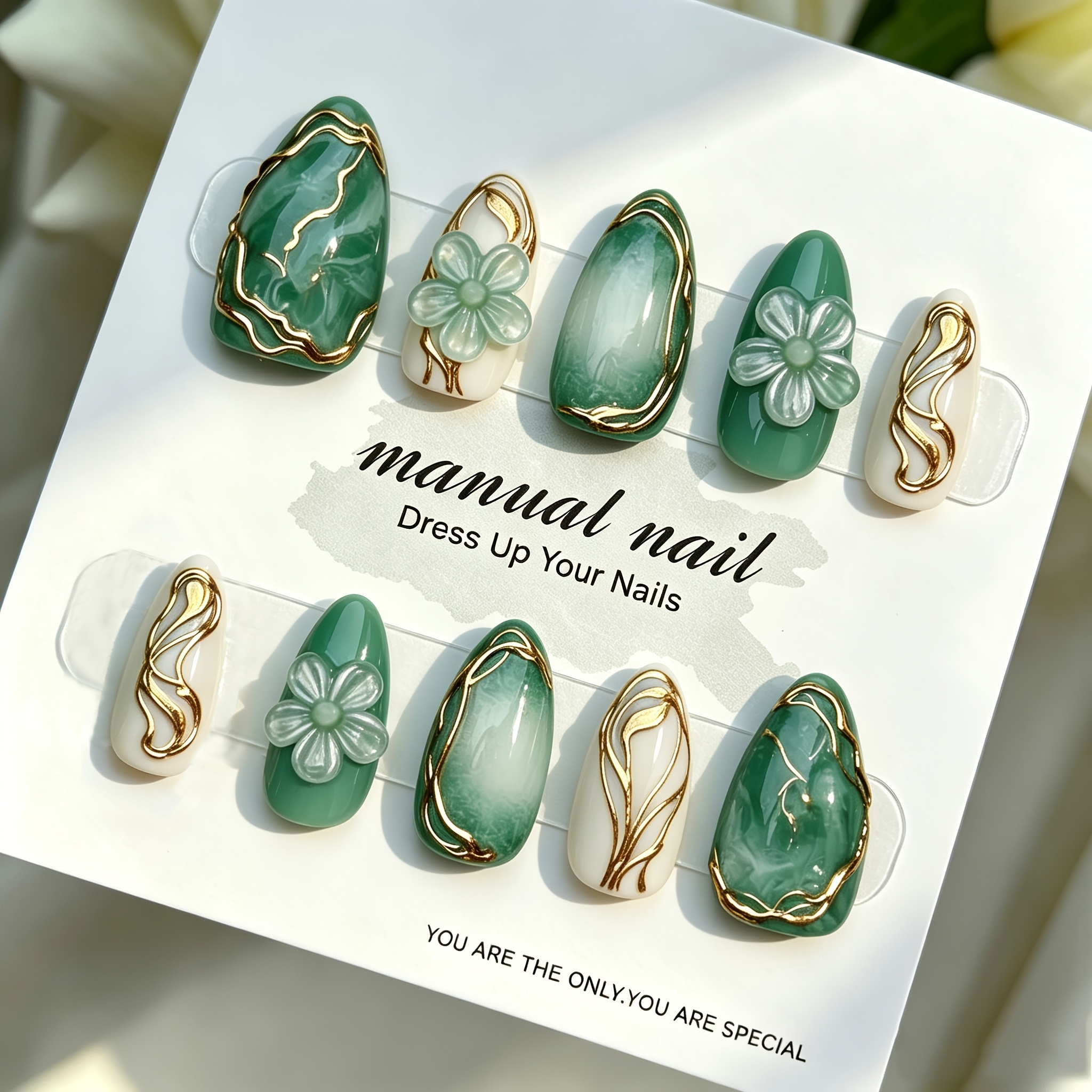 10pcs almond shaped   nails suitable for daily wear 3d golden embossed flower marble with dark green glossy press nails drop gel application for women for travel vacations  
