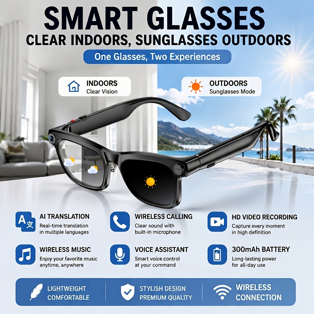 PEJE AI Smart Camera Glasses with 100+ Languages Real-Time Translation, AI Voice Assistant, AI Recognition, 8MP Camera, 1080P Video Recording, 4GB Storage, Wireless Calls, Music Playback, Open-Ear Audio, Smart Glasses for Travel & Outdoor