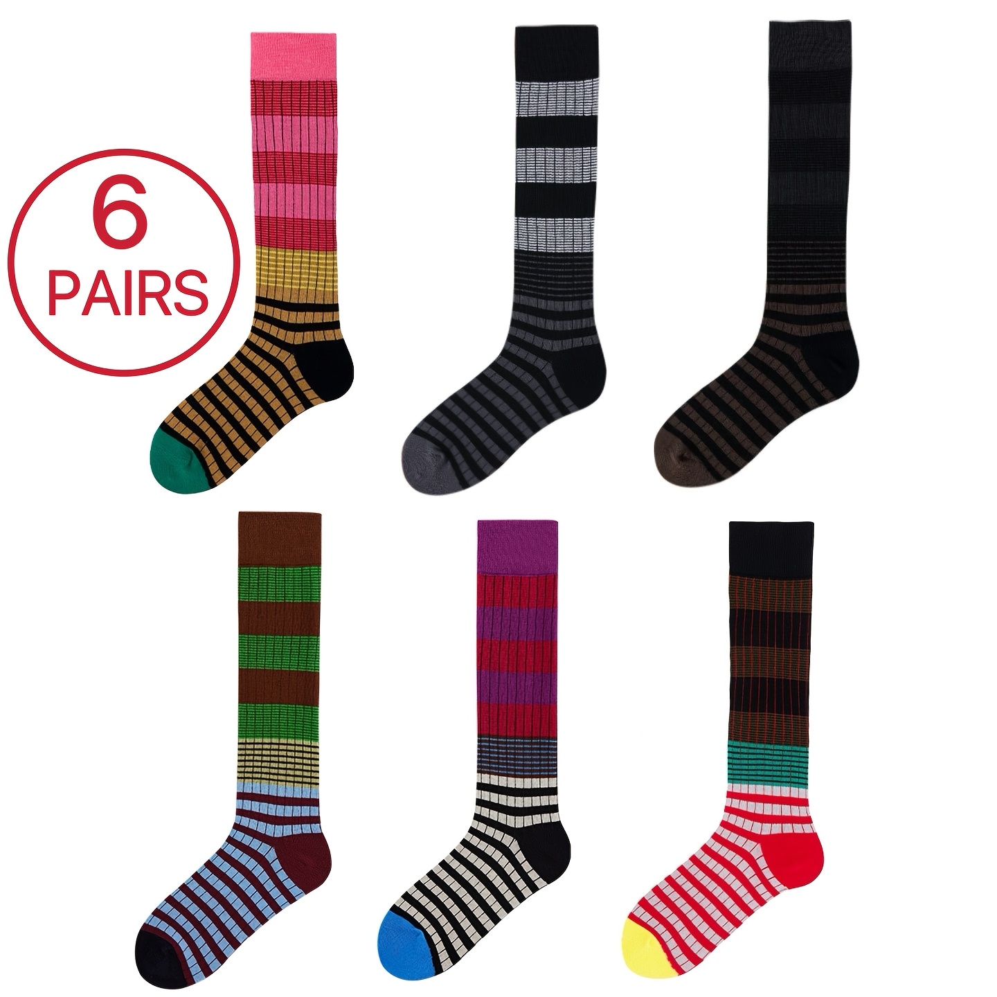 

6 Pairs Of Gradient Striped Retro Calf Socks, Knee High Pile Socks, Internet Famous And Popular Women's Fashionable Sports Socks