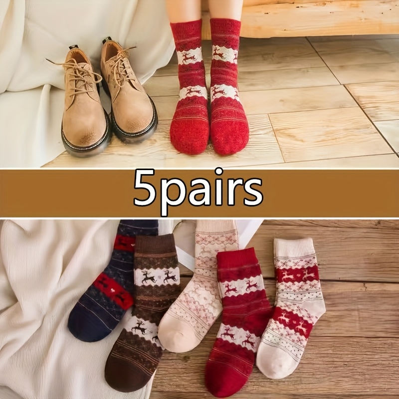 

5pcs Women's Cozy Winter Socks - Warm, Terry With Cute Deer Design, Soft Polyester