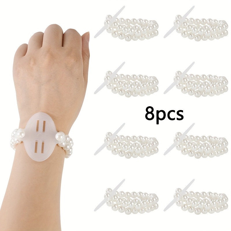 TEMU 8pcs Gift For Her/him Elegant Elastic Pearl Wrist Bands - Plastic Corsage Additions With Artificial Flowers, Ideal For Weddings And Beach
