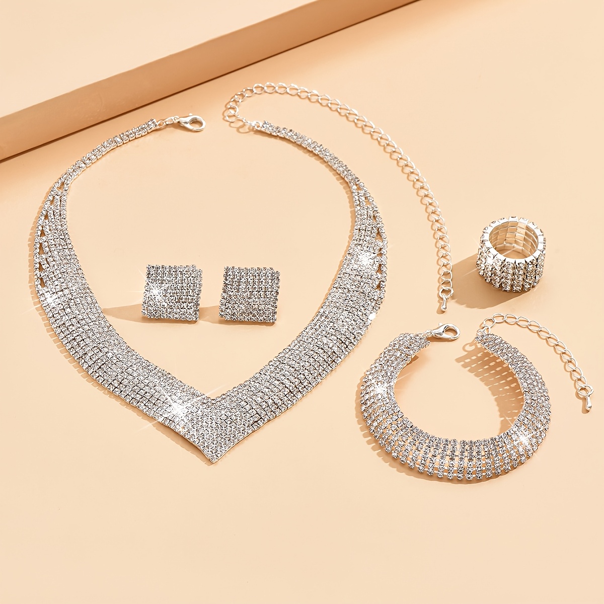 TEMU Luxury 5pcs Jewelry Set - Earrings, Necklace, Bracelet, And Ring - Sparkling Synthetic Zirconia Bridal Engagement, Wedding/party Party