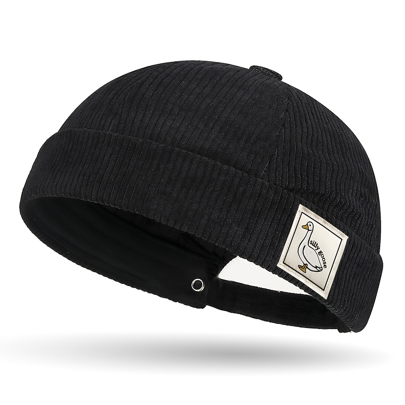 E-shop Unisex "Silly Goose" Letter Patch Vintage Cord-Beanie, warme lässige Matrosenmütze für Herbst Winter, weich bequem mit verstellbarer Größe