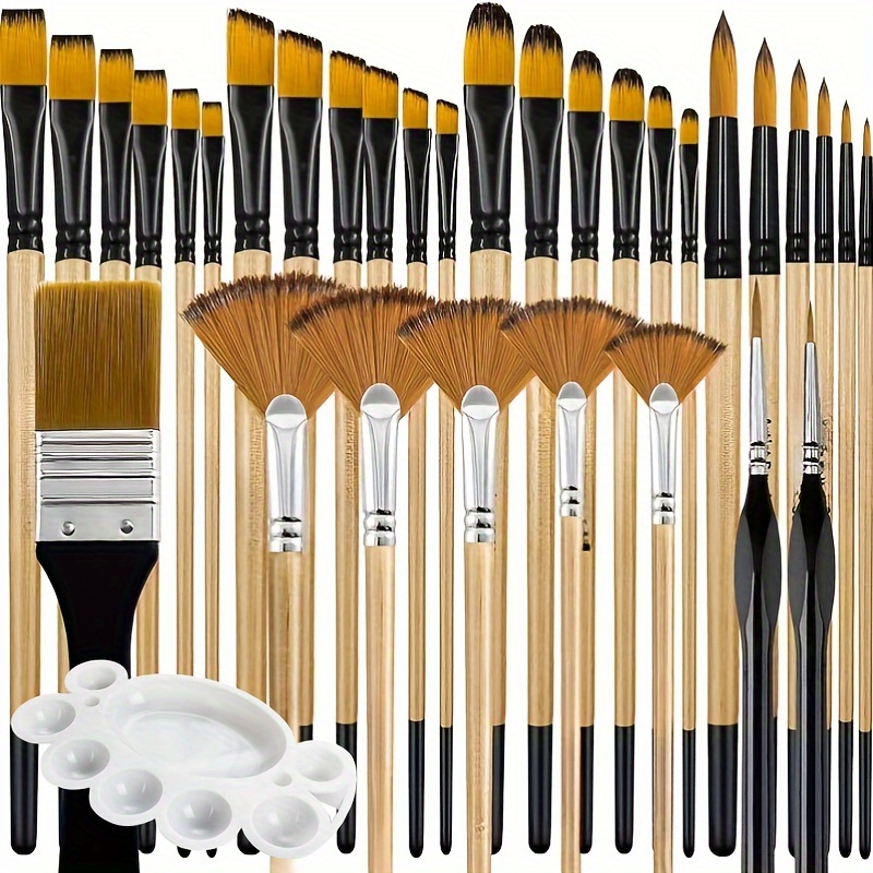 

33 Pcs Professional Paint Brush Set, Nylon Bristles, Wood Handles, With Mixing Palette For Watercolor, Oil, Acrylic Painting - Variety Of Shapes & Sizes