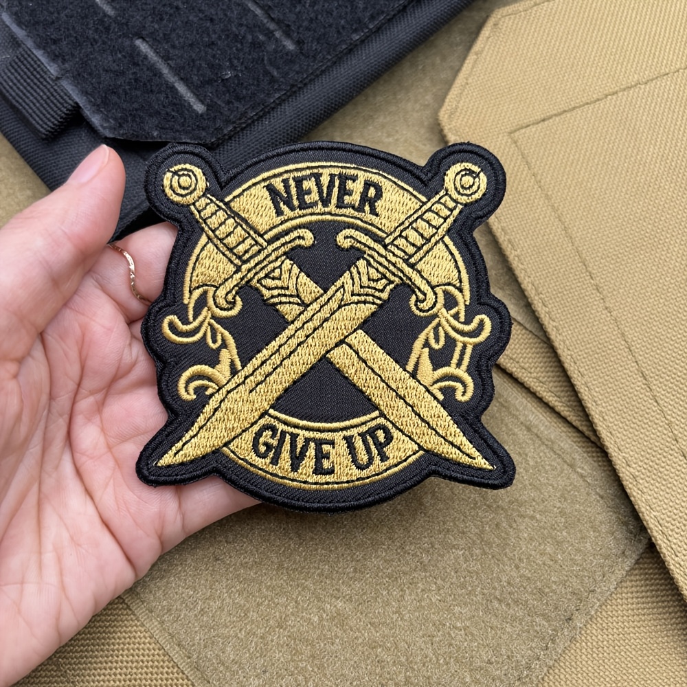 TEMU Never Give Up Cross Swords Embroidered Patch, Patch, Inspirational Decor Patch For Backpack Jacket Motorcycle Vest Hat