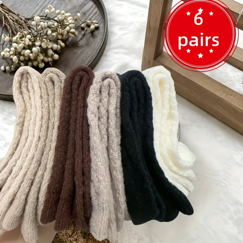 6 Pairs Women's Autumn Winter Thick Fleece Socks Solid Easy Warm Socks Versatile Mid-calf Socks