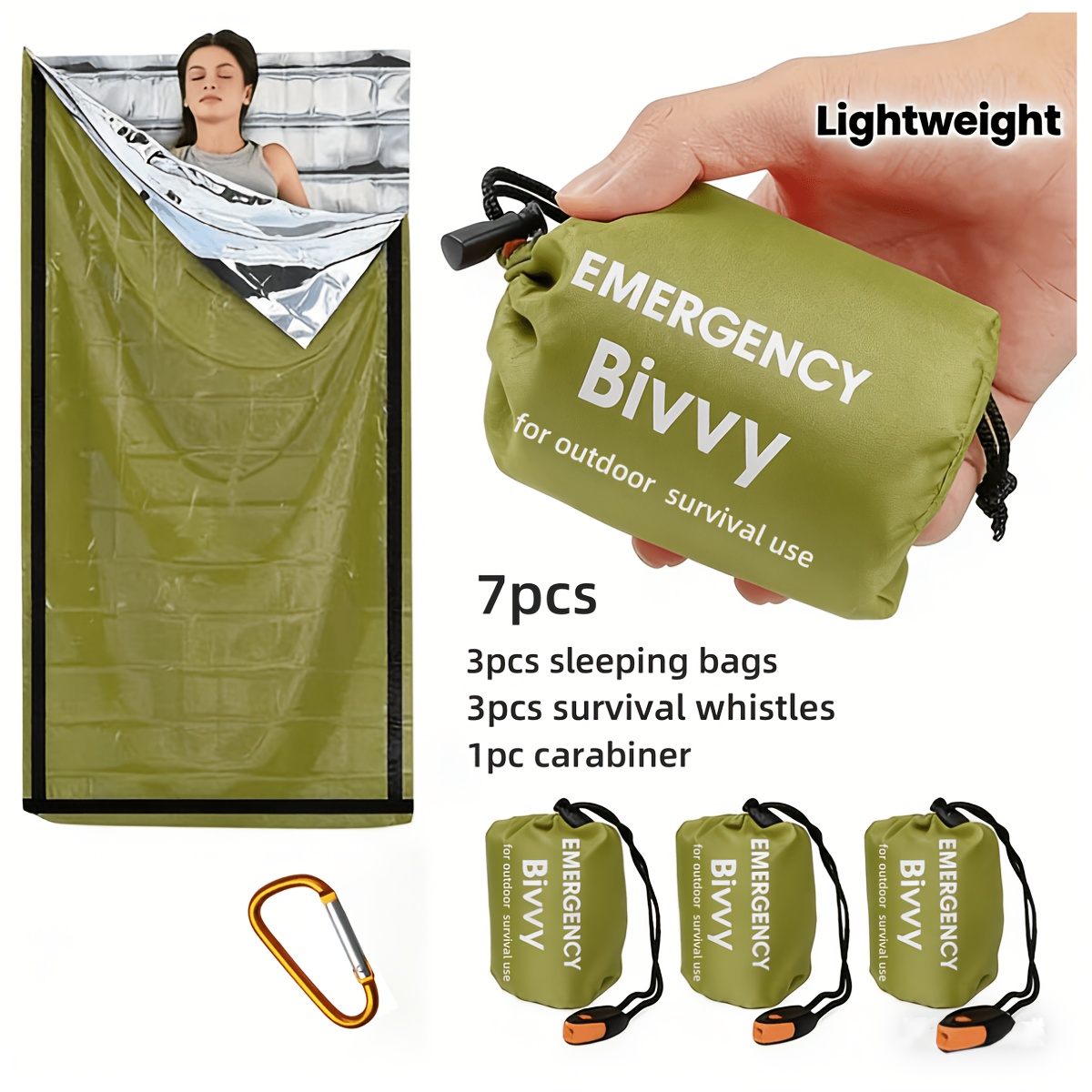 TEMU 7 Essential Outdoor Equipment For All Weather , Including 3 Insulated Sleeping Bags, 3 High Decibel Whistles, And 1 Climbing Buckle. Lightweight