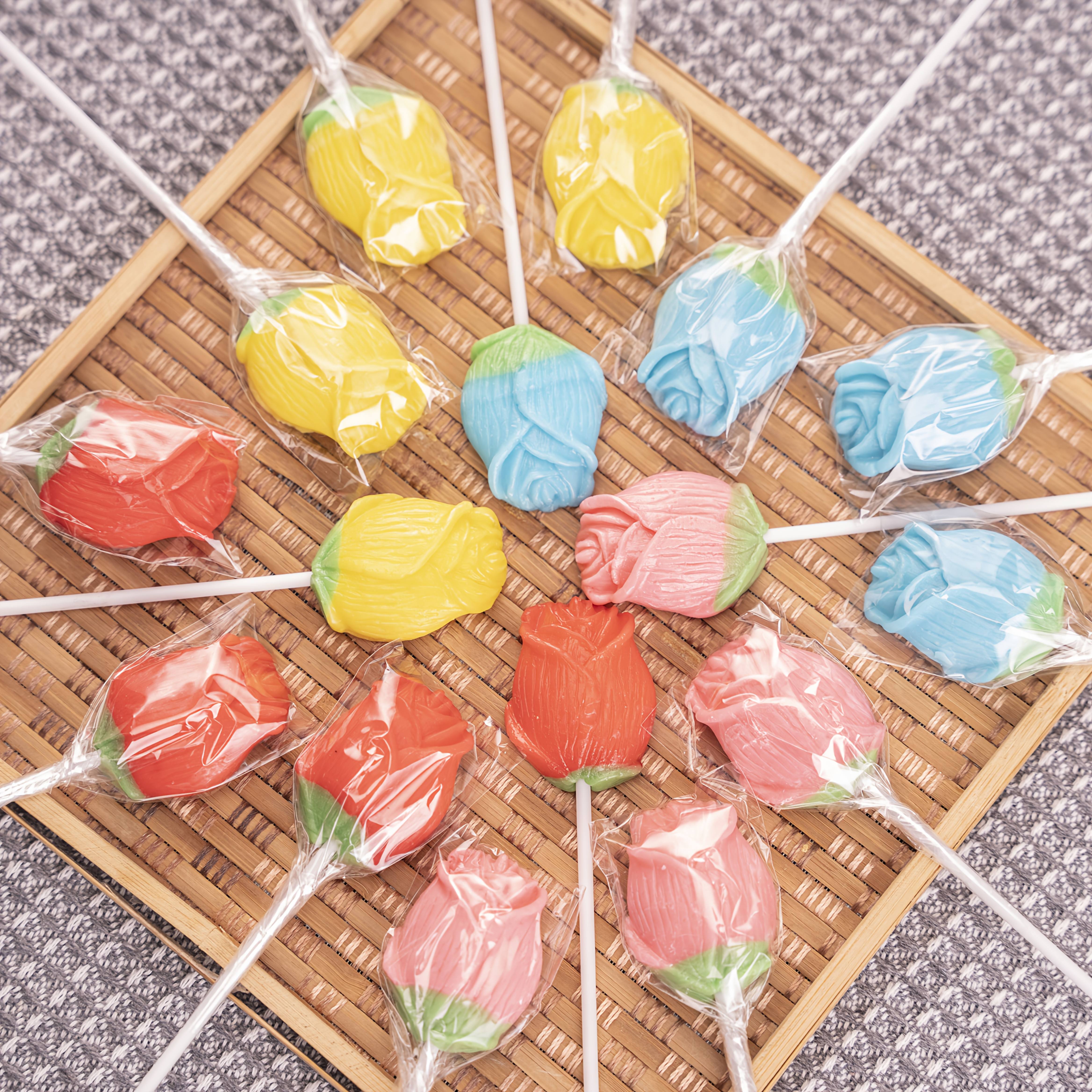 TEMU (1 Box/24pcs) Delicate Rose Lollipop, Individual Packaging, Four-color Mixed Fruit Flavor, Creative Shape Hard Candy, Holiday Gift, Holiday Limit, Delicious
