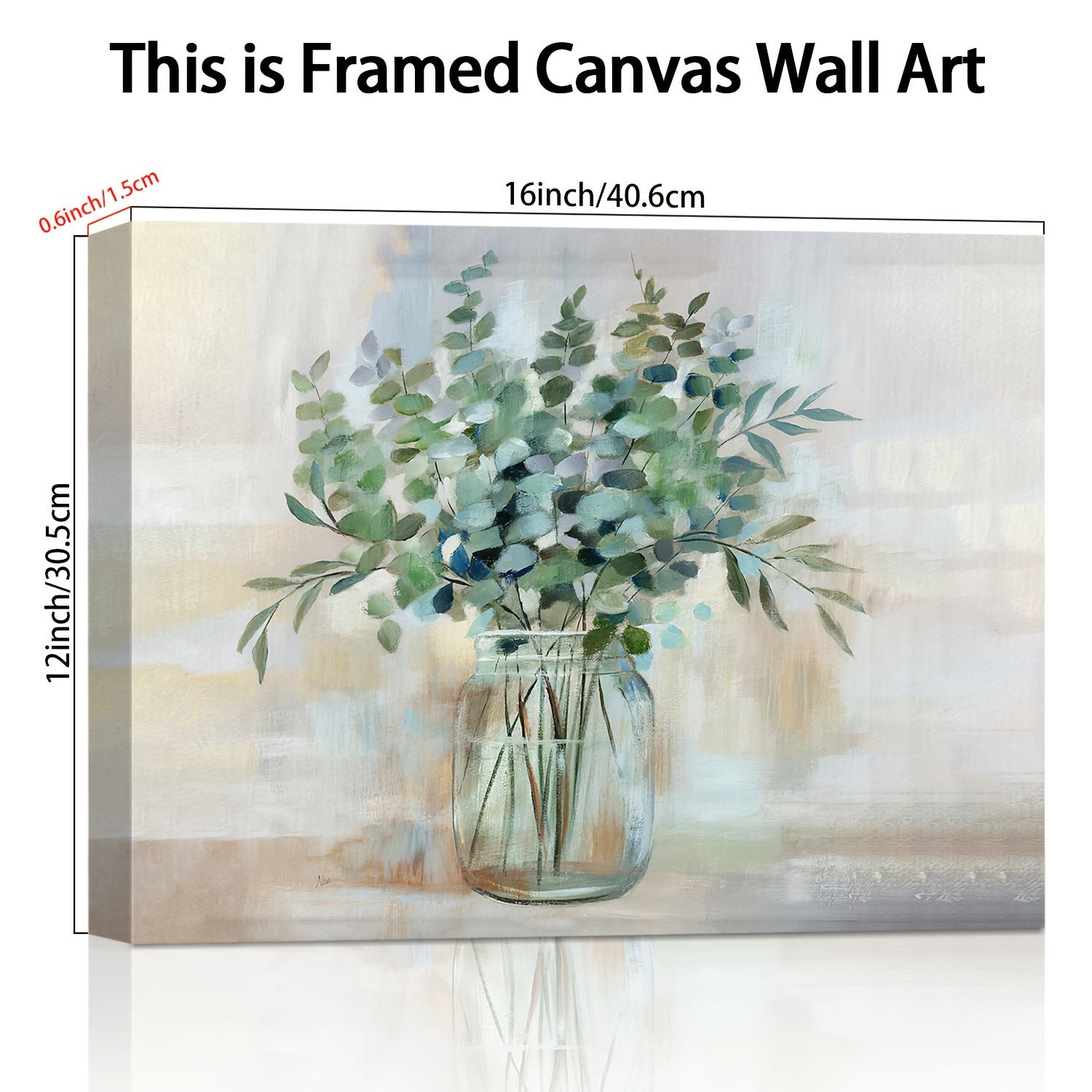 TEMU Elegant Framed Eucalyptus & Canvas Wall Art - Rustic Jar Design, Living Room, Bedroom, Bathroom, And Kitchen Decor