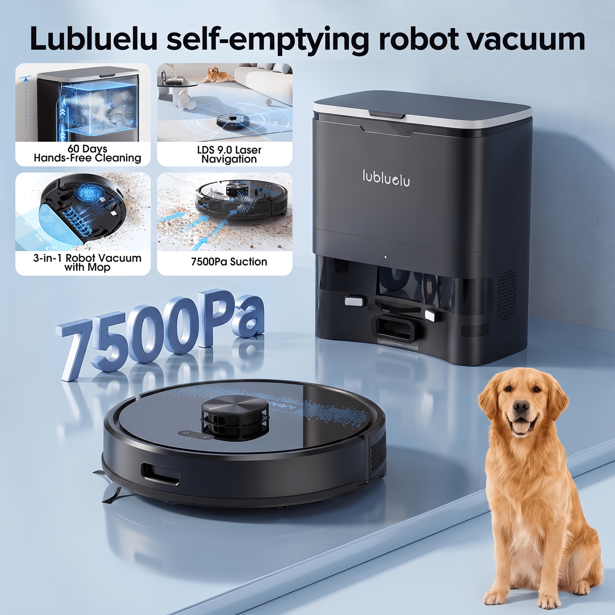TEMU Lubluelu Max+ Robot Vacuum And Mop With 60-day Self-emptying Station, 7500pa Suction, Navigation, Y-shaped Mopping, App Control, For Pet Hair,