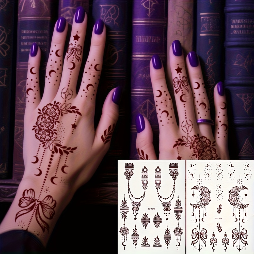 2 Sheets Brown Temporary Tattoo Stickers - Moon & Floral Designs, Long-lasting Body Art For Festivals, Carnivals, Parties, And Birthdays, Festival Body Art