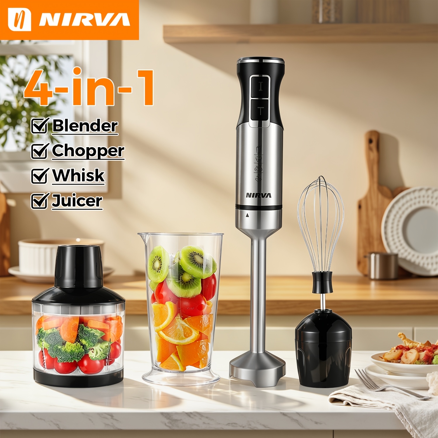 Nirva 1000w Hand Blender, 4in 1 Electric Stick Blender With 2 Adjustable Speed, Whisk, Chopper, Measuring Cup For Soups, Smoothies, Sauces, Nuts Grinding & Kitchen Baking
