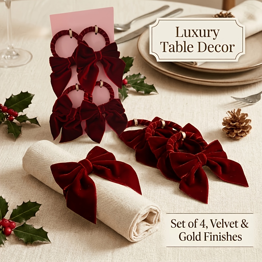 TEMU Velvet Napkin Rings Set Of 4, Vintage Burgundy, Exquisite 3d . Perfect For Christmas Family Dinners & Themed Parties, Vibe, Ideal Holiday Gift