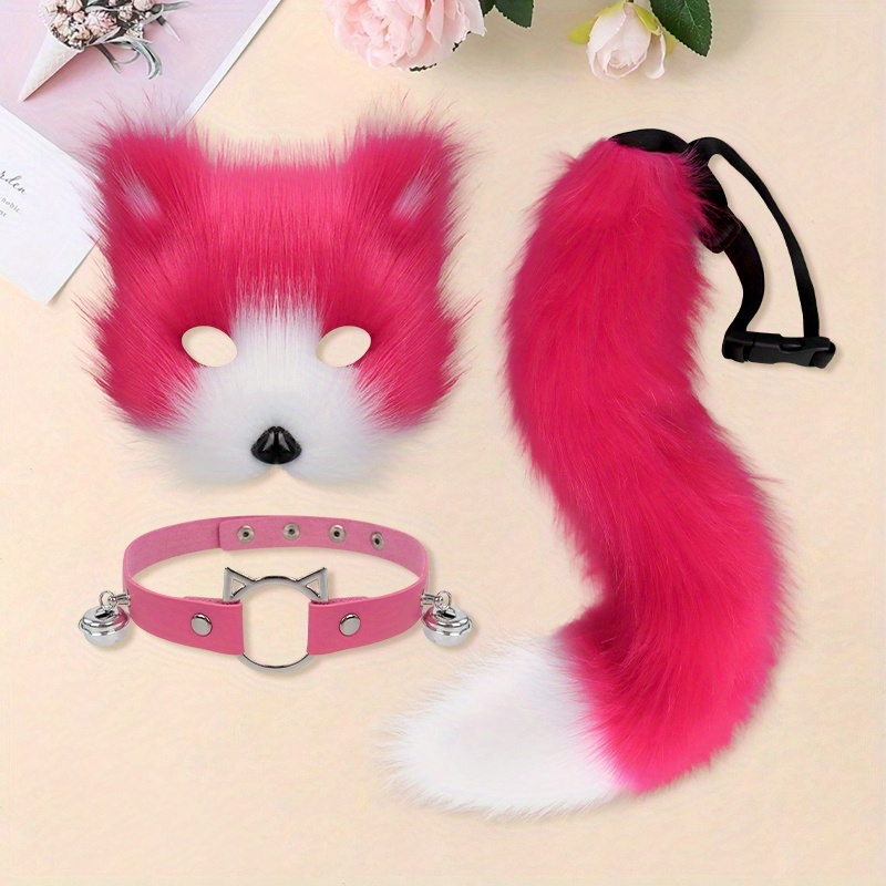 3pcs Half Face Fox Mask Set - Adjustable Plush Tail Cute Collar Bell Suitable for Halloween Cosplay Makeup Ball Stage Performance