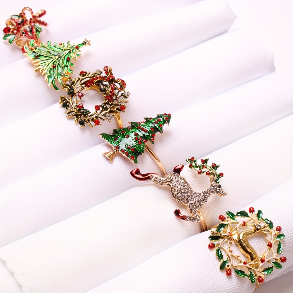 

6pcs Christmas Napkin Rings Set, Cast Iron Decorations With Christmas Tree, Wreath, And Reindeer Designs For Dining Decor