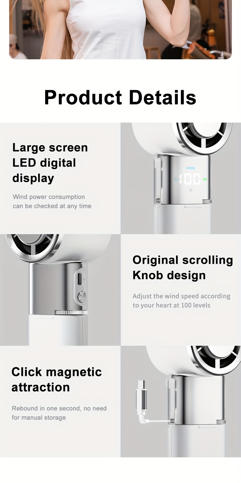 Handheld neck fan with a 130-degree adjustable head, built-in cooling pad on the fan surface for rapid temperature reduction, supports up to 10W fast charging via large 6000mAh battery, includes creative retractable lanyard and buckle strap