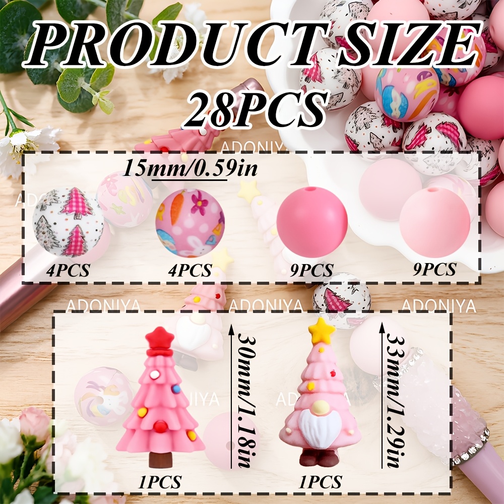 TEMU 28pcs Pink Christmas Silicone Bead Set, 3d Christmas Tree And Gnome Shapes, Includes Printed Beads, Pink And Bead Combination, Christmas Theme