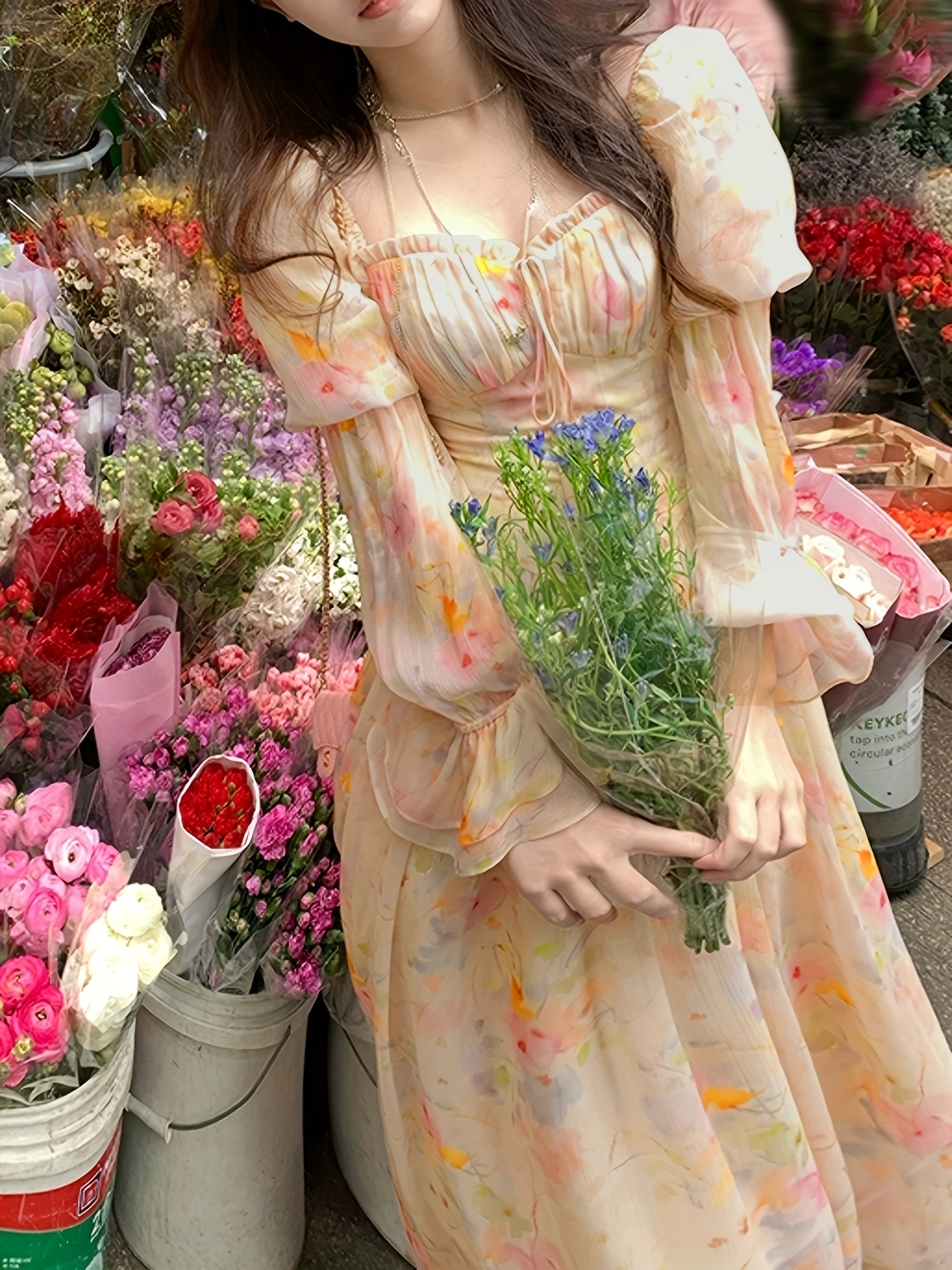 French Bouquet puff sleeve dress Her lip to】French Bouquet Puff