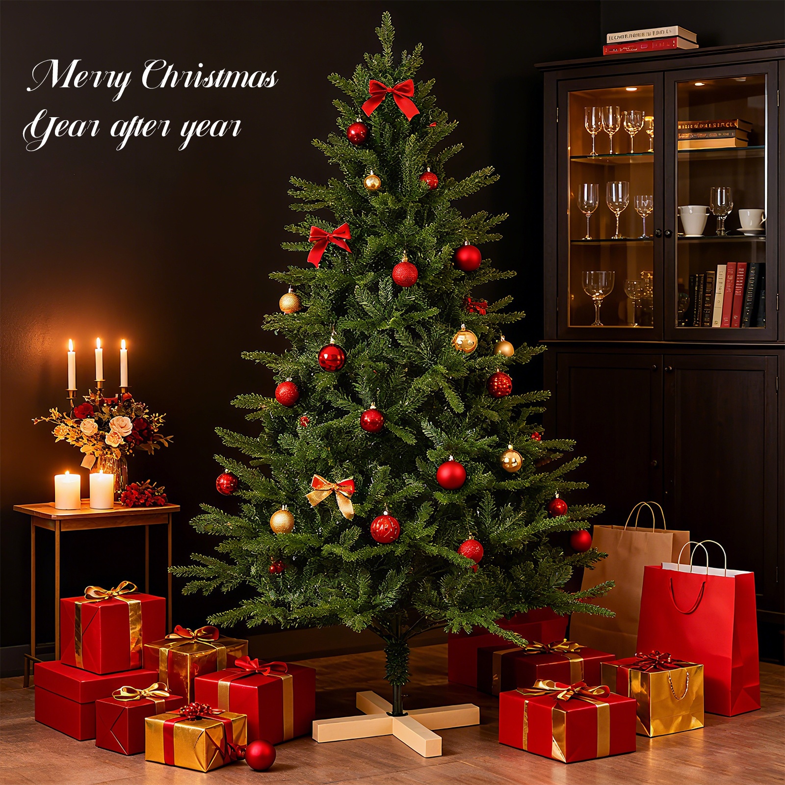 Mixed Pvc & Pe Needle Christmas Tree Auto-spread Branches With Wooden Base Dense Foliage Holiday Decoration